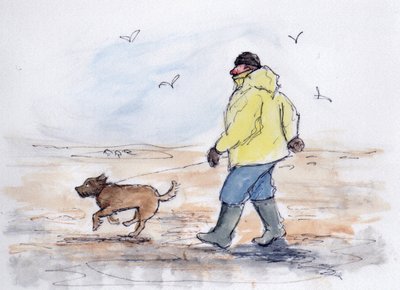 Turgåing med hunden - 01 (penn og akvarell) av Margaret Loxton