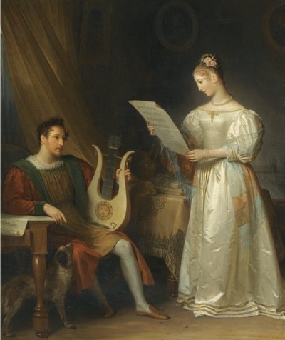 Interiør med en mann som holder en lyre og en kvinne med et partitur av Marguerite Gerard
