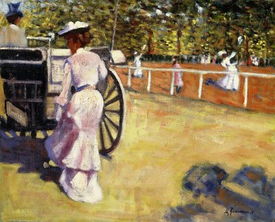En elegant dame på vei inn i en trener av Marguerite Rousseau