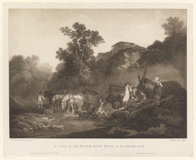 Arbeidere hviler ved Cumberland kullgruve En utsikt over Black-Lead Mine, i Cumberland (tittel på objekt) av Maria Catharina Prestel
