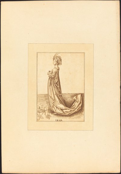 En dame i en lang kjole av Maria Catharina Prestel after Martin Schongauer