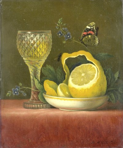 Stilleben med sitron og kuttet glass av Maria Margaretha van Os