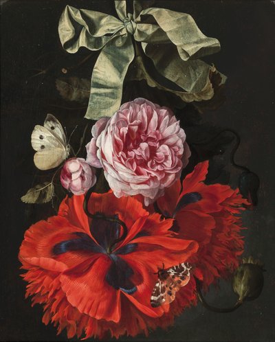 Roser og nelliker hengende fra et grønt bånd med en møll og en sommerfugl (olje på panel) av Maria van (studio of) Oosterwyck