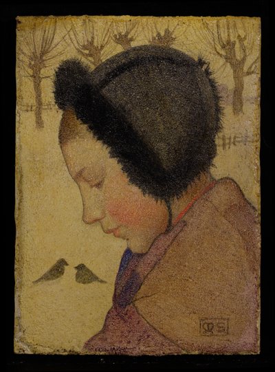 Leder for en ung jente i en pelshatt (olje og gesso om bord) av Marianne Stokes