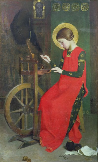St. Elizabeth av Ungarn spinner ull for de fattige, ca. 1895 av Marianne Stokes