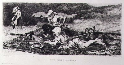 The Snake Charmer, gravert av Emile Boilvin (1845-99) (gravering) av Mariano (after) Fortuny