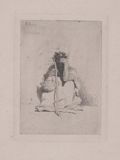 Uten tittel - Krøkkende figur med stokk (etsing) av Mariano José María Bernardo Fortuny y Carbó