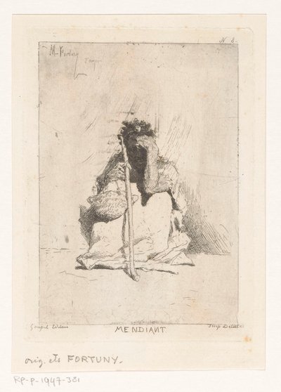 Sittende tigger med pinne Mendiant (tittel på objekt) av Mariano José María Bernardo Fortuny y Carbó