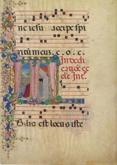 Manuskriptblad med innvielsen av en kirke i en innledende T, fra en gradvis, andre halvdel av 1400-tallet. av Mariano del Buono