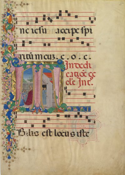 Manuskriptblad med innvielsen av en kirke i en innledende T, fra en gradvis, andre halvdel av 1400-tallet av Mariano del Buono