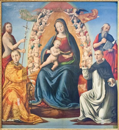 Madonna med barn og hellige (olje på panel) av Mariano di (c.1470 c.1530) Ser Austerio