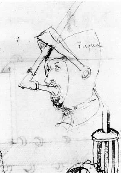 Zeichnung, die die Umwandlung eines Helms in eine Unterwassermaske darstellt. Das Visier wird verwendet, um das Atemrohr zu halten - aus „De Ingeneis“ von Mariano di Jacopo, genannt Il Taccola, 15. Jahrhundert von Mariano di  Jacopo 