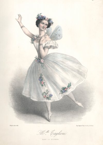 Den italienske ballettdanseren Marie Taglioni i faren Filippo Taglionis ballett Le Sylphide på Paris Opera av Marie Alexandre (after) Alophe