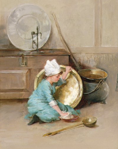 Polering av messing, ca. 1900 (olje på panel) av Marie Elizabeth Seymour Lucas