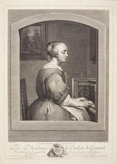 En nederlandsk kvinne spiller cembalo, sett gjennom et vindu av Marie Louise Adélaïde Boizot