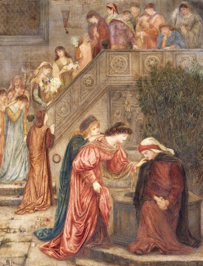 Noen damer i hennes følgesvenn samlet seg sammen med Beatrice da hun holdt seg alene i gråten sin, og da de gikk inn og ut, hørte jeg dem snakke om henne." av Marie Spartali Stillman
