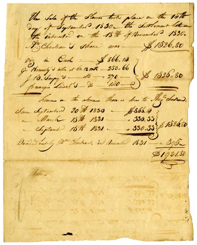 Dokument om salg av slaver og andel som kommer til forskjellige personer, november 1831 av Marie Therese Cerre Chouteau