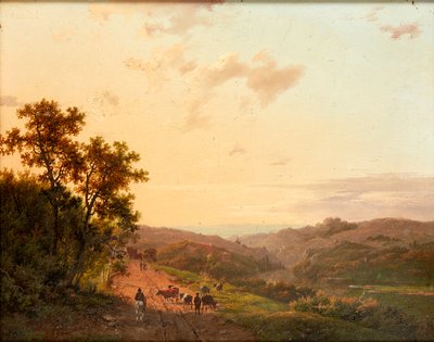 Hyrder og storfe deres på en landevei, med fjernt landskap (olje på panel) av Marinus Adrianus Koekkoek
