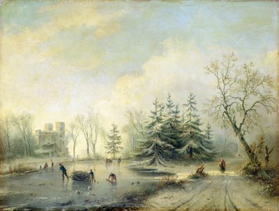 Trær, slott og skøytefigurer (olje på panel) av Marinus Adrianus Koekkoek