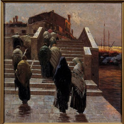 Rød kveld, godt vær håp Kvinneprosesjon (sorg?) Krysser en elv - Maleri av Mario De Maria (Marius Pictor) (1853-1924) 1882 Søn 0,7x0,69 m Paris, Musee d