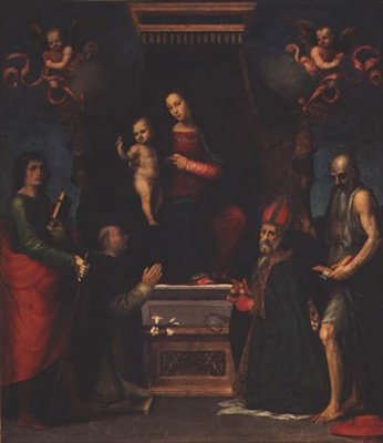Madonna og barn med St. Julian, St. Dominic, St. Nicholas of Bari og St. Jerome av Mariotto Albertinelli