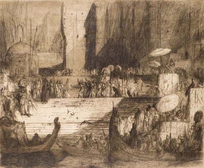 Begravelsesseremoni ved Ganges (radering) av Marius Alexander Jacques Bauer