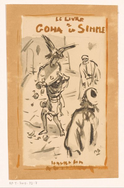Mann med brett angrepet av en rovfugl Le livre Goha le Simple (tittel på objekt) av Marius Bauer (signed by artist)