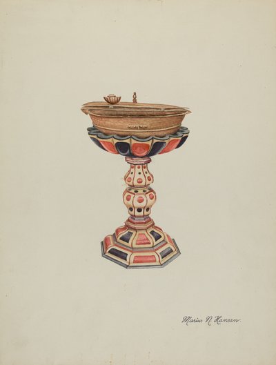 Døpefont og stativ, ca. 1939. av Marius Hansen