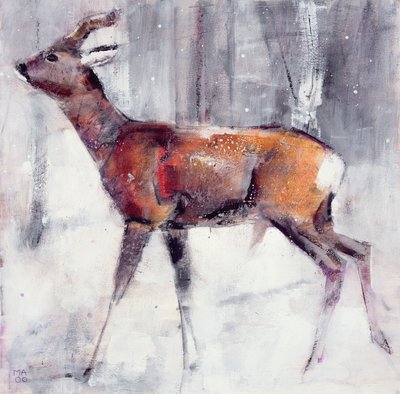Buck in the snow, 2000 (blandet media på papir) av Mark Adlington