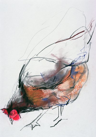 Feeding Hen, Trasierra, 1998 (grafitt, conte og kull på papir) av Mark Adlington