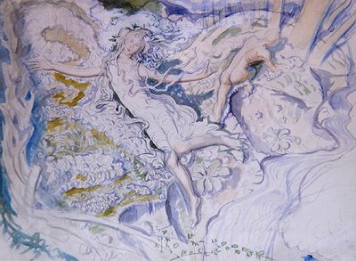 Fe flytende med naken ungdom i bakgrunnen (akvarell på papir) av Mark Lancelot Symons