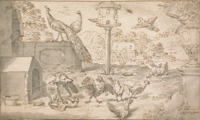 Landskap med fugler og hund av Marmaduke Cradock