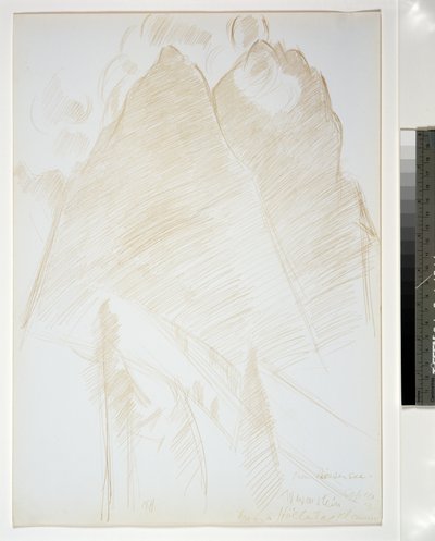 Fjelllandskap, tvillingtopper og trær i forgrunnen, 1933 av Marsden Hartley