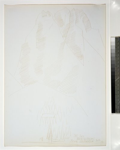 Fjelllandskap med bygninger og trær i forgrunnen av Marsden Hartley