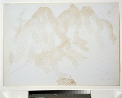 Fjelllandskap med bygninger i forgrunnen av Marsden Hartley