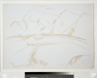 Fjelllandskap med kirketårn i forgrunnen av Marsden Hartley