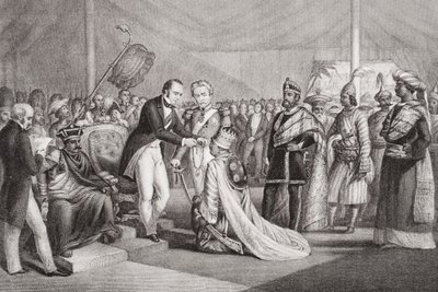 Grand Durbar i Cawnpore etter undertrykkelsen av Sepoy-opprøret, 1858, fra "Illustrasjoner av engelsk og skotsk historie" bind II av Marshall Claxton