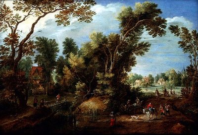 Skogkledd elvelandskap med figurer av Marten Ryckaert