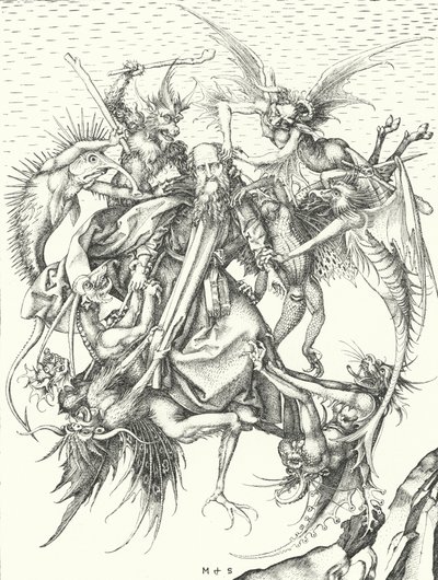Temptation of St Anthony (gravering) av Martin (after) Schongauer