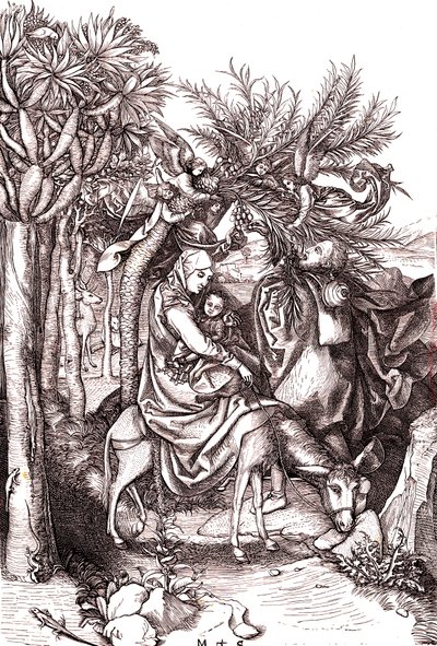 Flyturen til Egypt, den hellige familie av Martin (after) Schongauer