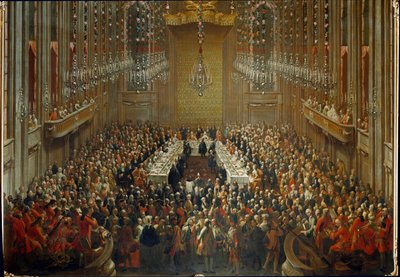 Bankett i anledning bryllupet til keiser Joseph II og Isabella av Parma den 06.10.1760. Med Mozart stående i orkesteret av Martin (and studio) Mytens or Meytens