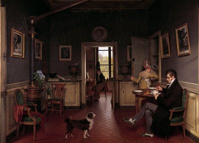 En innvendig utsikt over en spisestue i 1815 En mann i en tøffel tar frokosten foran hundens øyne. Maleri av Martin Drolling (1752-1817) av Martin Drölling