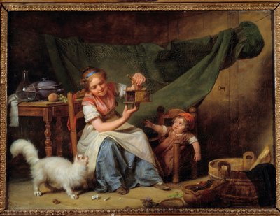 Kvinnen og musen En jente holder en musefanger foran katten og en baby. Maleri av Martin Drolling (1752-1817) 1798 søn. 0,25x0,35 m Orleans. Museum of Fine Arts av Martin Drölling