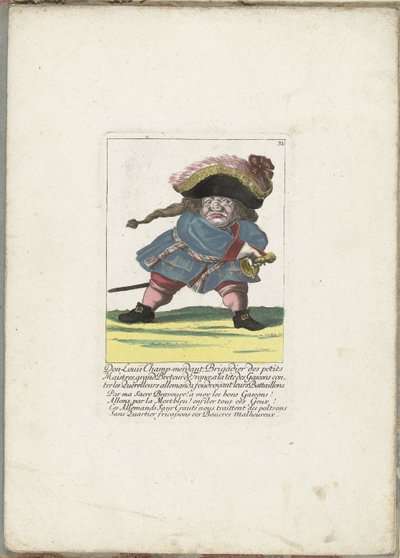 De Franse dwerg Don Luis Champ-merdant, ca. 1710 Don Luis Champ-merdant, Brigadier of the Little Masters, Grand Breteur of France, i spissen for Gascons mot de tyske stridsmennene, og slo ned bataljonene deres (tittel på objekt) Il Callotto gjenopplivet av Martin Engelbrecht (attributed to)