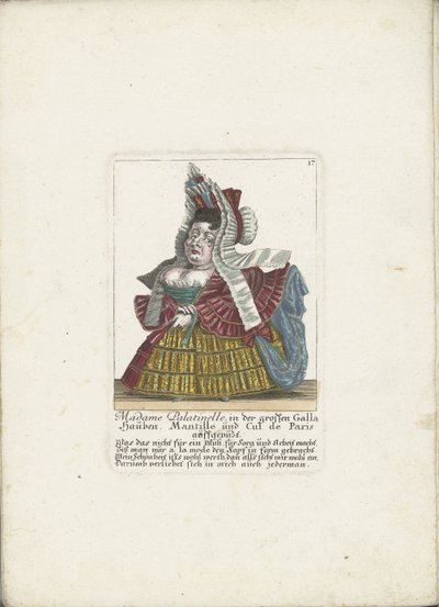 De Franse dwerg Madame Palatinelle, ca. 1710 Madame Palatinelle, i de store galla-panserne, mantille og cul de Paris pimpet opp (tittel på objekt) Il callotto resurcitato eller nyinnredet midtseksjonsskap (serietittel) av Martin Engelbrecht (attributed to)