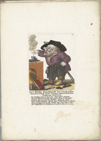 De werg Blasius Rauchmantl som alkymist, ca. 1710 Herr Blasius Rauchmantl, der frucht-loßen Alchimie kunst Erkesekterisk, besitter av dårenes femte essens (tittel på objekt) Il Callotto resurcitato oder Neu eingrichtes Zwerchen Cabinet (serie ti av Martin Engelbrecht (attributed to)