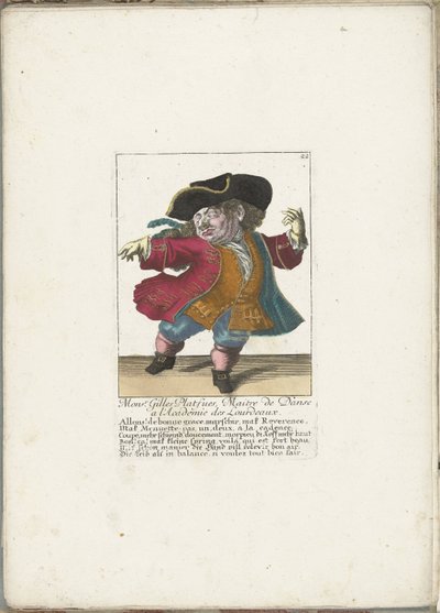 Dvergen Gilles Platfues som fransk dansemester, ca. 1710 Mgr. Gilles Platfues, Master of Dance ved Academie des Lourdeaux (tittel på objekt) Il Callotto resurcitato eller nyutnevnt Zwerchen-kabinett (serietittel) av Martin Engelbrecht (attributed to)