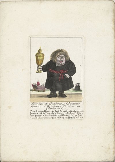 Dvergen Gustavus Weinberger som en geistlig med en kopp, ca. 1710 Eximius et Ponderosus Dominus Gustavus Weinberger menighet i Panzendorf, etc. (tittel på objekt) Il Callotto resurcitato oder Neu eingerichts Zwerchen Cabinet (serietittel) av Martin Engelbrecht (attributed to)