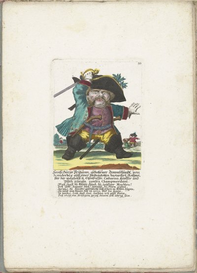 De dwerg Hanss Görge Prijhann som woeste offiser, ca. 1710 Hanß Görge Prijhann, født Donnerhundt, fra Scanderbeg fra en Hottendottin-bastard Rottmeister den vågale og jerneteren, Catharina, köpffer og Bluth gurgln contra Champmerdant (tittel av Martin Engelbrecht (attributed to)