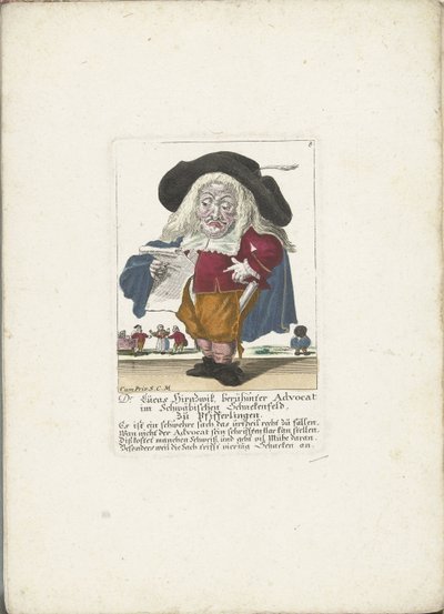 De dwerg Lucas Hirnzwik as een advocaat, ca. 1710 Dr. Lucas Hirnzwik, kjent talsmann i Schwaben Schnekenfeld, om kantareller (tittel på objekt) Il Callotto resurcitato eller Nyinnredet Zwerchen-kabinett (serietittel) av Martin Engelbrecht (attributed to)